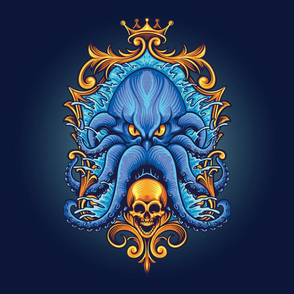 Kraken azul con ilustraciones de calavera con marco dorado vector