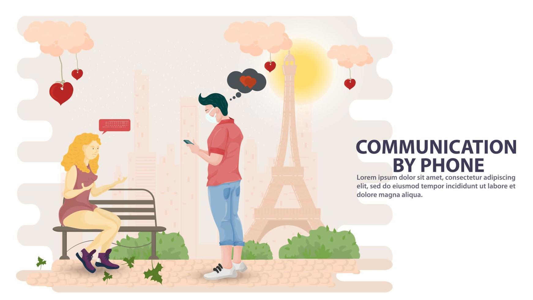 Illustration in the style of flat design A girl tries to communicate with a guy and he communicates in a mobile phone against the background of a tower vector