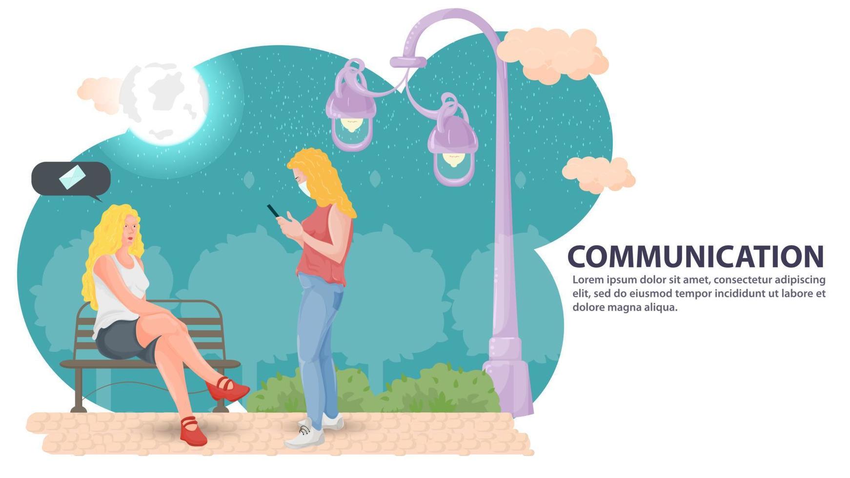 Ilustración en el estilo de diseño plano una niña está sentada en un banco y la otra está parada enfrente y hablando por teléfono en el contexto de un parque nocturno vector