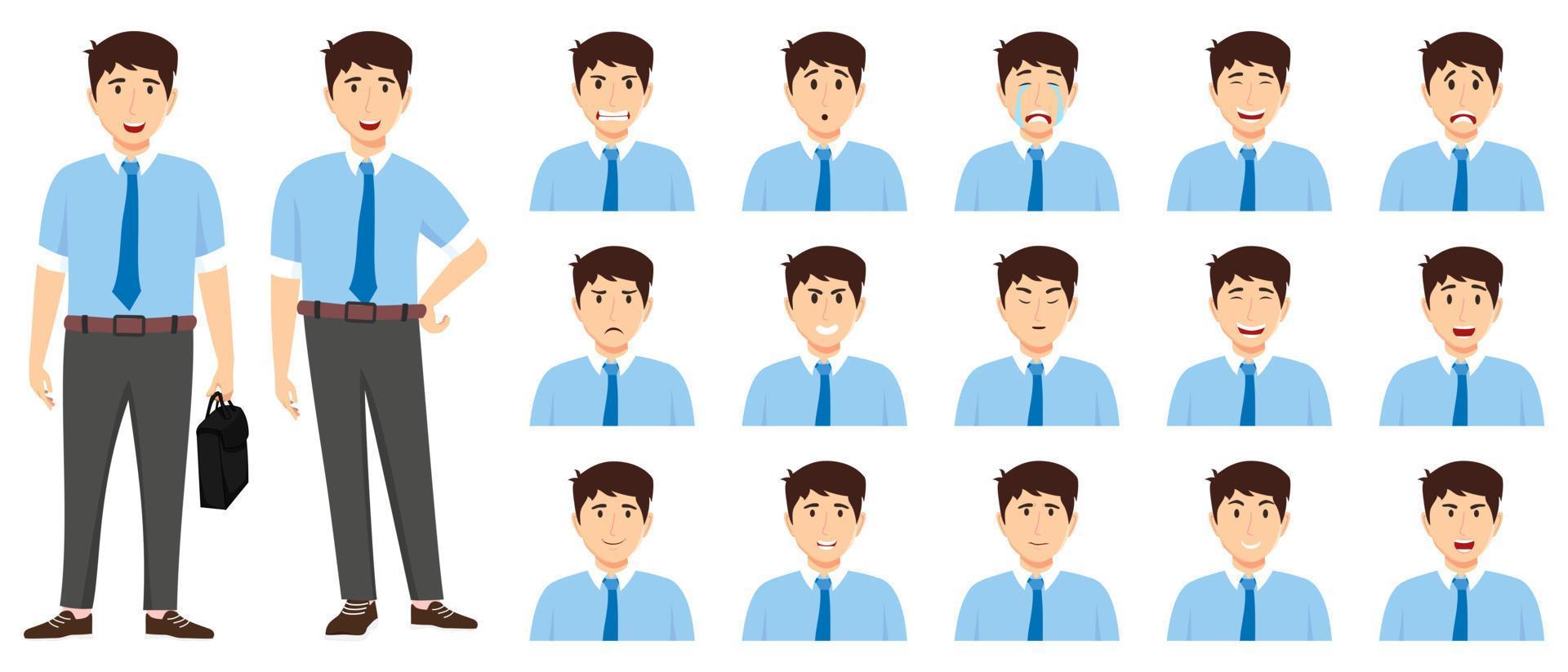 Cute businessman set an avatar set with different facial expression and emotion angry cry happy excited cheerful posing isolated vector