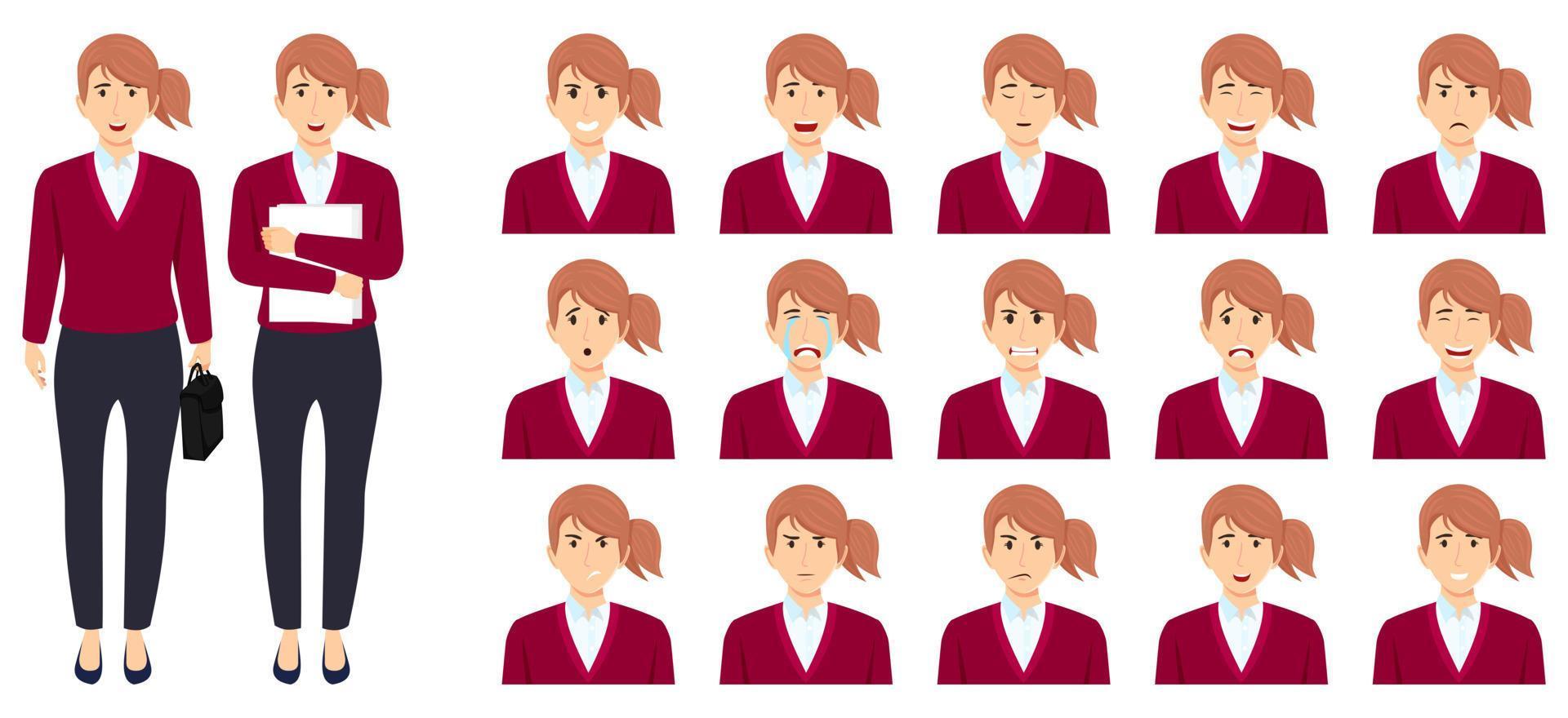 La empresaria estableció un conjunto de avatar con diferentes expresiones faciales y emociones, llanto enojado, feliz, triste, alegre posando vector