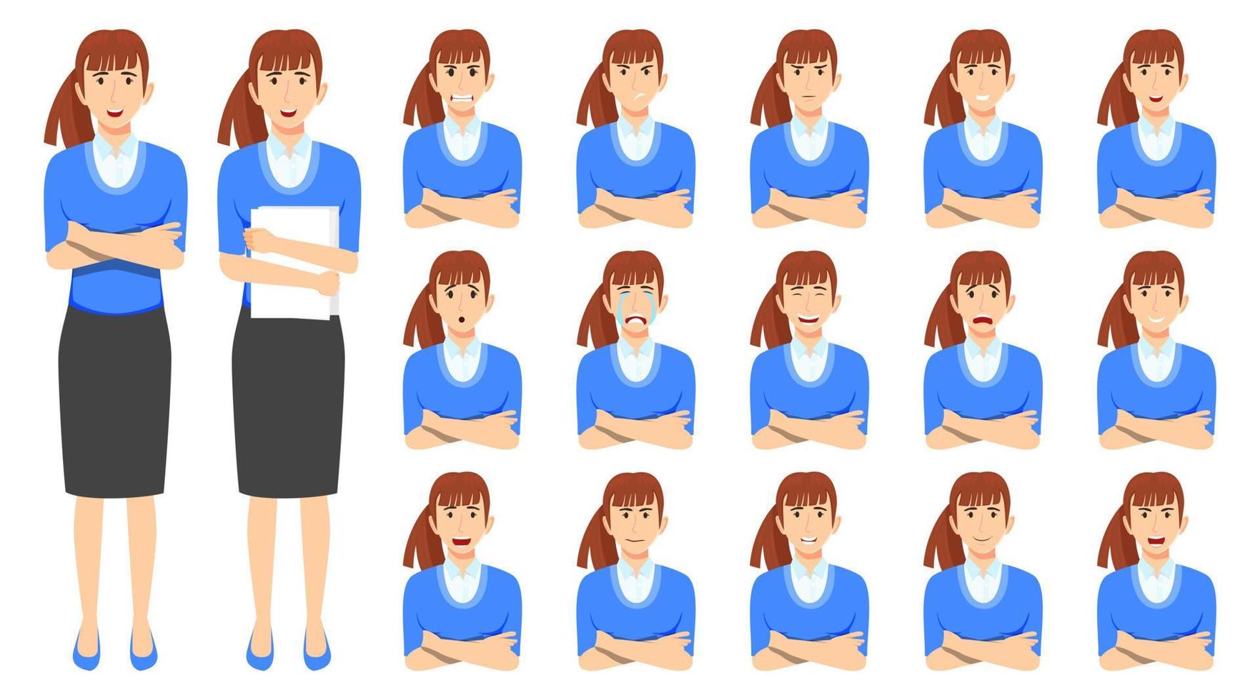 Linda empresaria establece un avatar con diferentes expresiones faciales y emociones enojado llorar feliz infeliz triste emocionado alegre posando vector