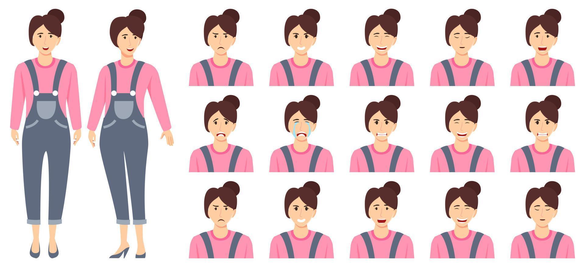 Linda empresaria establece un avatar con diferentes expresiones faciales y emociones enojado llorar feliz posando aislado vector