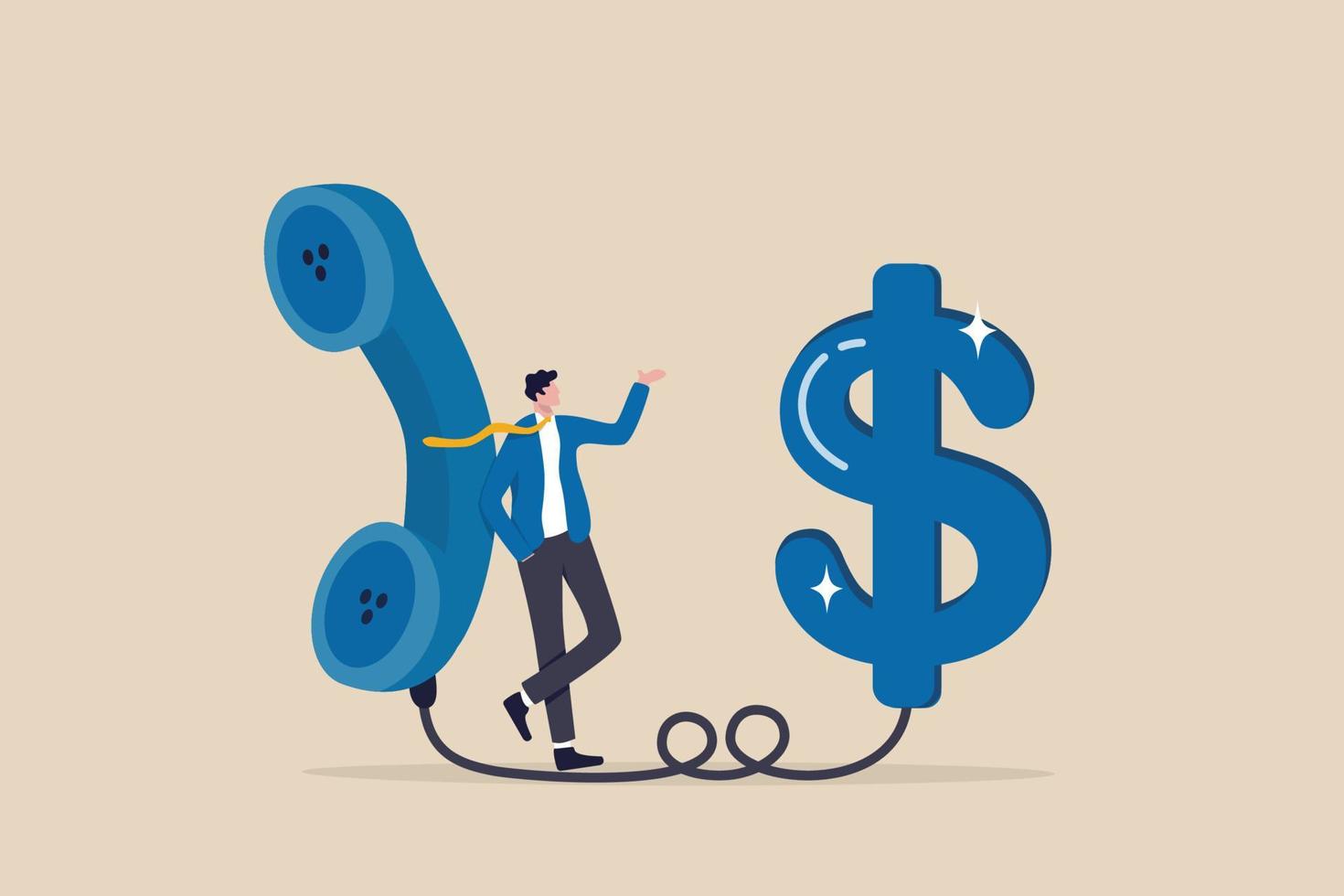 Telemarketing or telesales, phone call for selling product or business deal via telephone call, insurance agent concept, confidence salesman standing with telephone connected to money dollar sign. vector