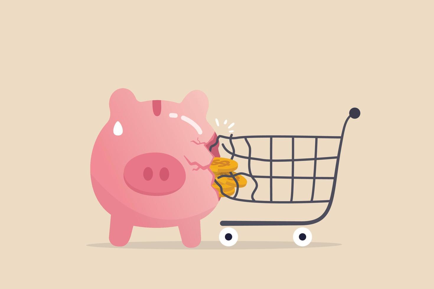 Overspending on shopping online causing debt, poverty, losing money or impact savings, over budget or financial failure concept, shopping cart trolley crash and broke sad saving or budget piggy bank. vector