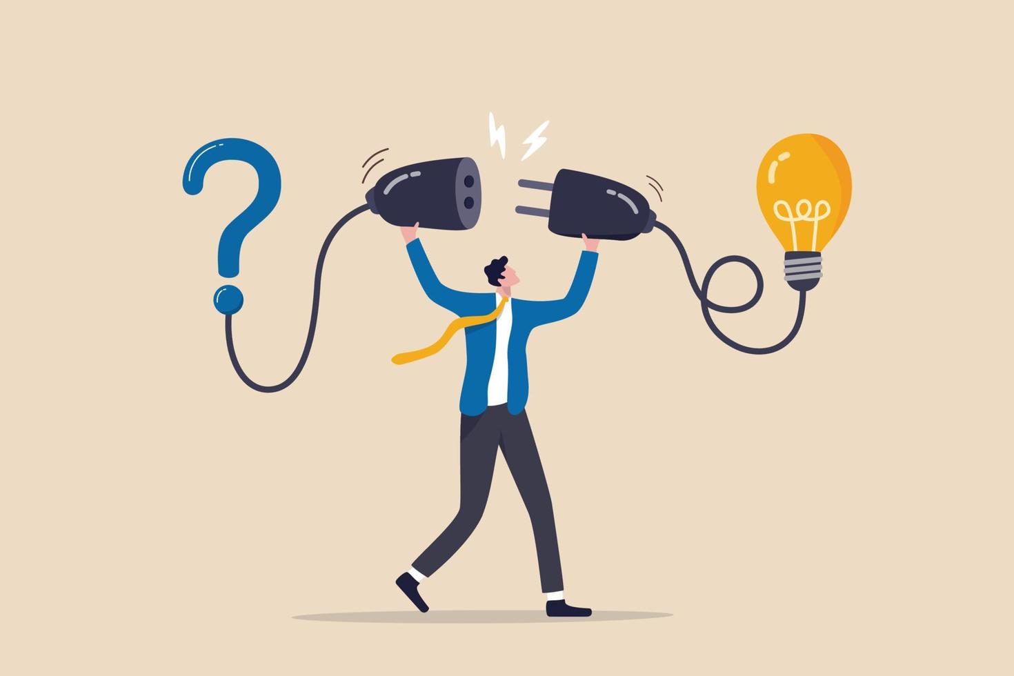 Solution solving problem, answer to hard question or creativity idea and innovation help business success, leadership to overcome difficulty, businessman connect question mark with lightbulb solution. vector