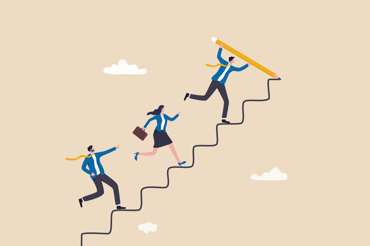 Leader to guide team to achieve success, manager to develop career path or improvement plan, growth or progress concept, businessman leader draw stair with pencil to lead team walk up to target. vector