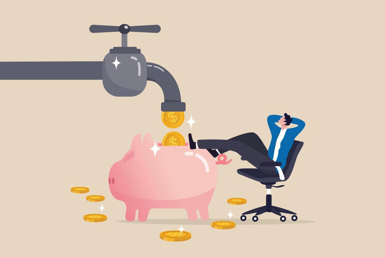 Passive income to reach financial freedom, earning money while you sleep or wealth increase without salary concept, relax businessman sit on the chair to see money faucet flow into savings piggybank. vector