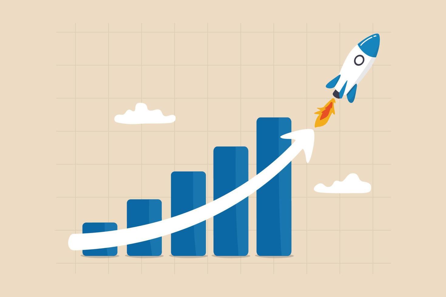 crecimiento exponencial o interés compuesto, inversión, riqueza o ganancias aumentando el gráfico, las ventas comerciales o el concepto de aumento de ganancias, el gráfico del informe financiero con la flecha exponencial del cohete volador. vector