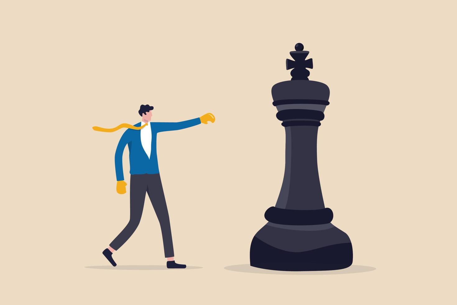 Challenge and strategy to win business competition, tactic, skill and leadership to win rivalry battle, plan to knock out competitor concept, businessman with boxing glove fight with big chess king. vector