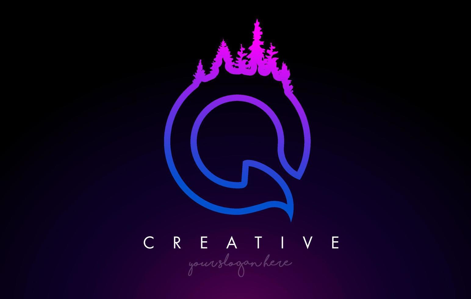 Idea creativa del logotipo de la letra q con pinos. Diseño de letra q con pino en la parte superior. vector