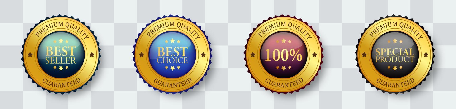 Realistic gold labels and badges, best seller, best choice, 100, special product. Set golden labels and badges of seal quality stock vector. Eps 10 vector illustration.