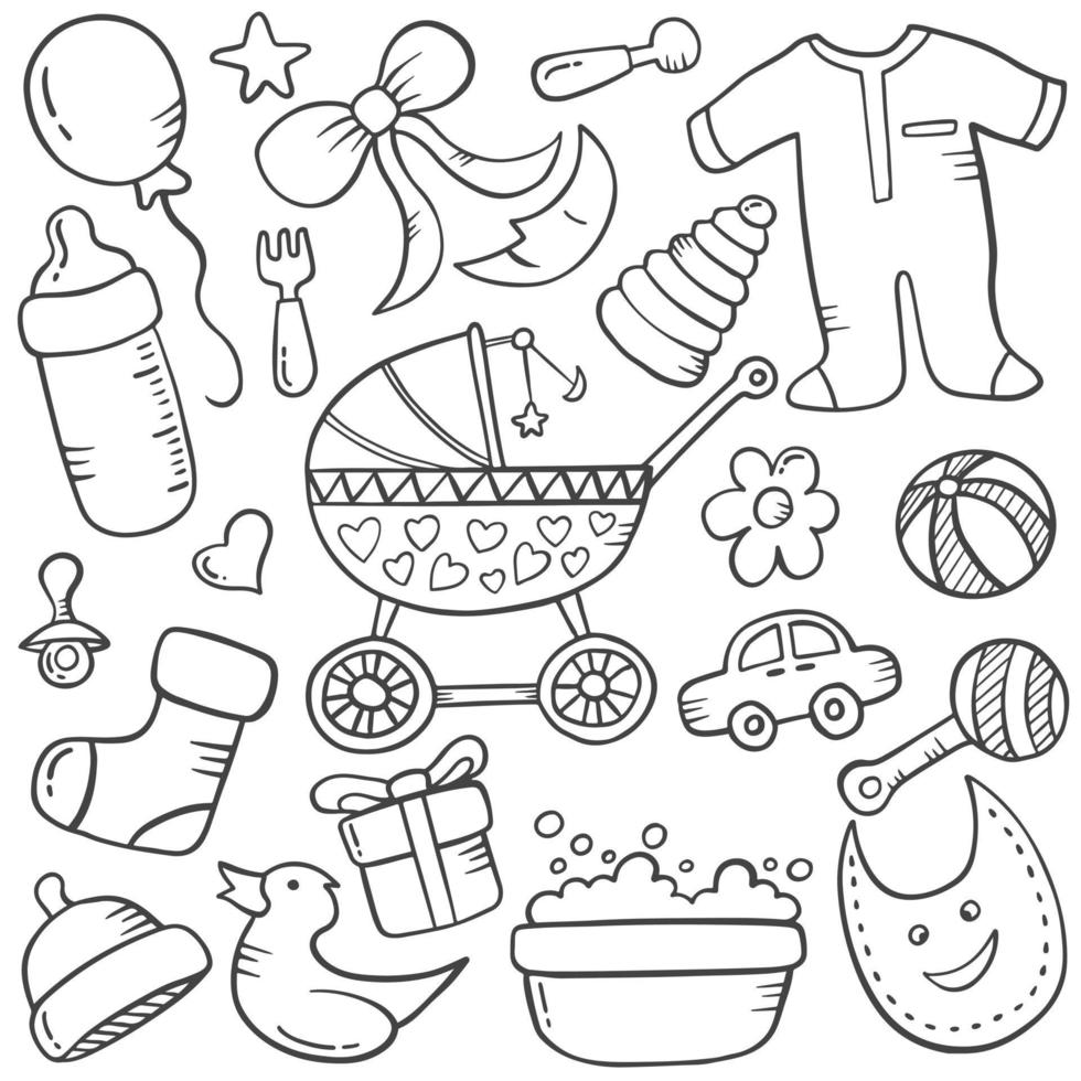 baby doodle hand drawn set collections with outline black and white style vector