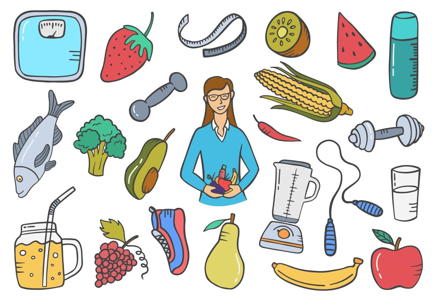 Nutrisionista o nutricionista, trabajos de salud profesional o profesión de trabajo, colección de conjuntos dibujados a mano de doodle con estilo de contorno plano vector