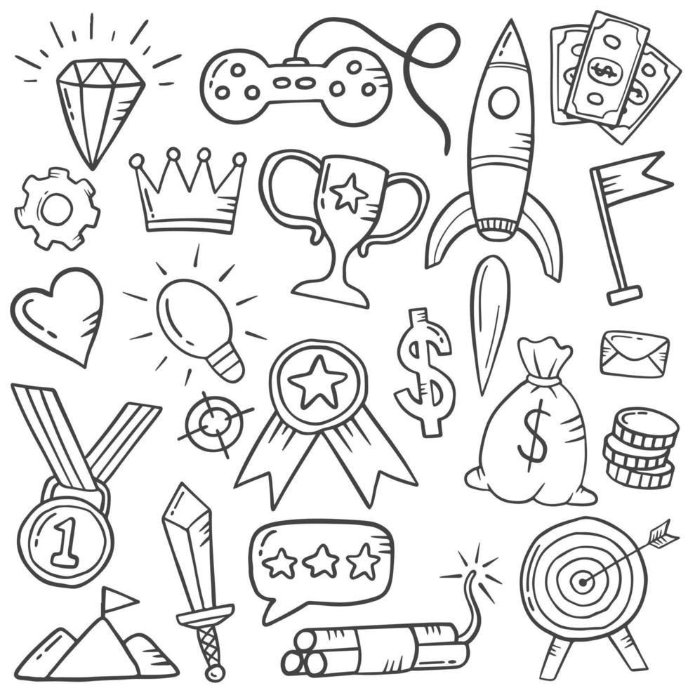 gamificación vida doodle conjunto de colecciones dibujadas a mano con contorno estilo blanco y negro vector