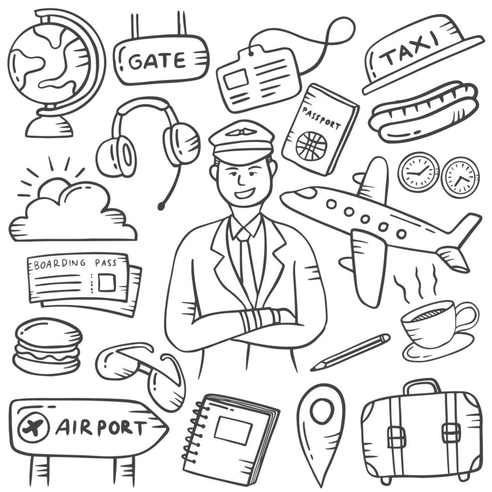 pilot doodle hand drawn set collections with outline black and white style vector