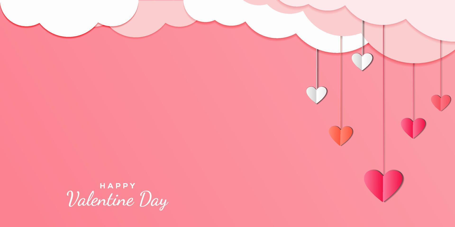 valentine background in paper cut style design with hanging hearts and copy space. vector design