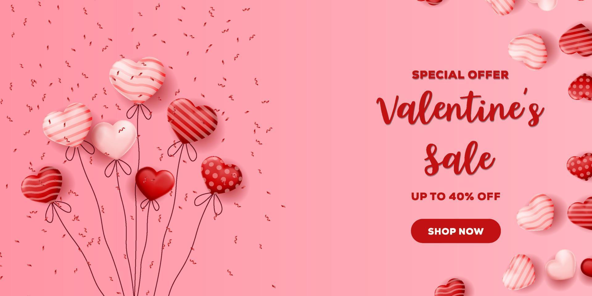 oferta especial de venta del día de san valentín cartel de banner con globo en forma de corazón y cinta de fila caída vector