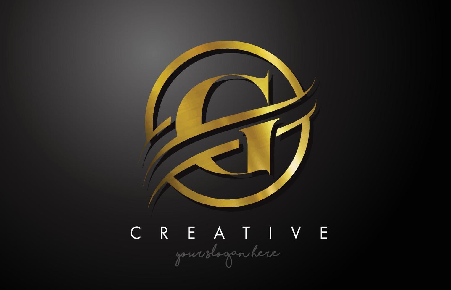 Diseño de logotipo letra g dorada con círculo swoosh y textura de metal dorado vector