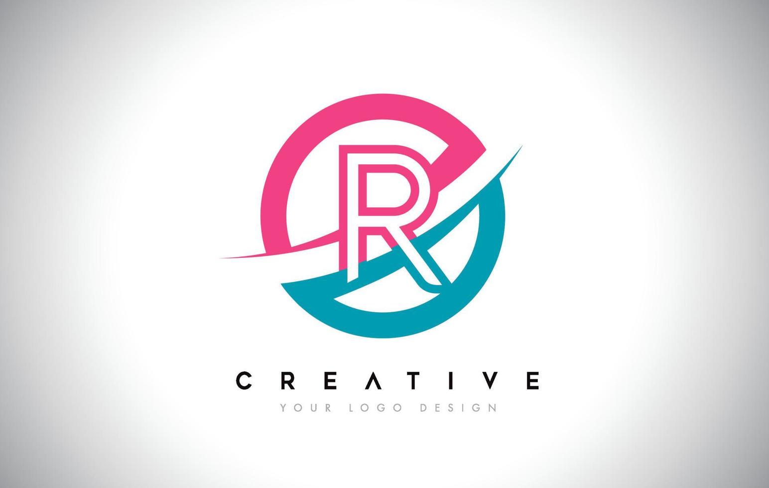 Icono de logotipo de diseño de letra r con círculo y vector de diseño swoosh y color rosa azul.