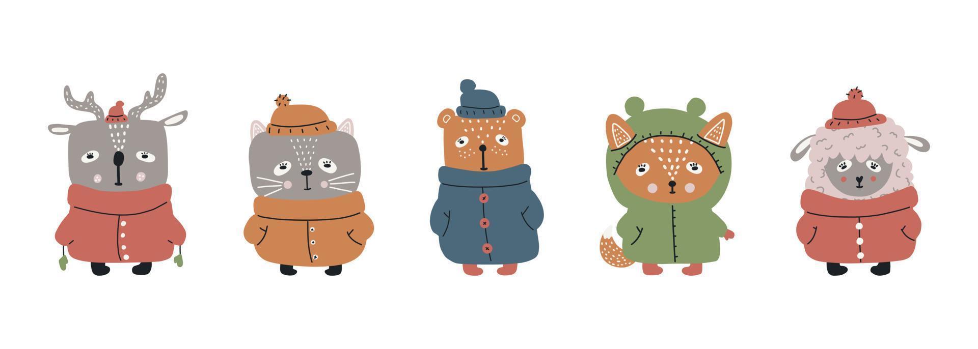 Collection of cute cartoon character illustrations for Christmas and New Years celebration. Fox, bear, cat, lamb, deer. Winter forest animals in winter clothes and hat. Vector set.