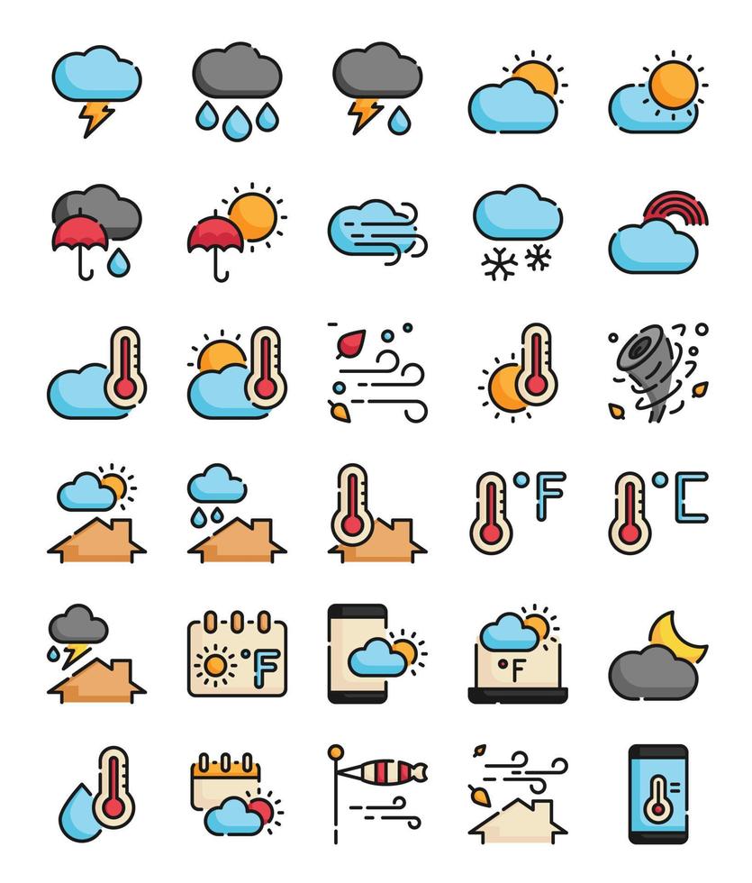 set of filled outline weather icons vector