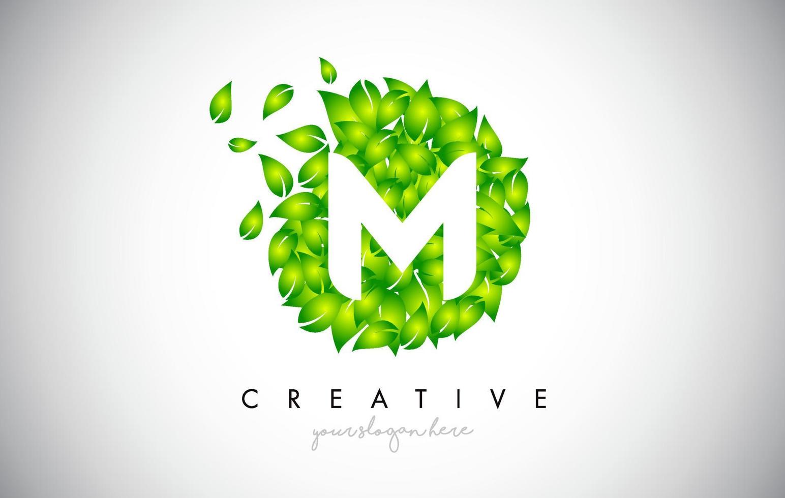 M Green Leaf Logo Design Eco Logo With Multiple Leafs Blowing in the Wind Icon Vector. vector