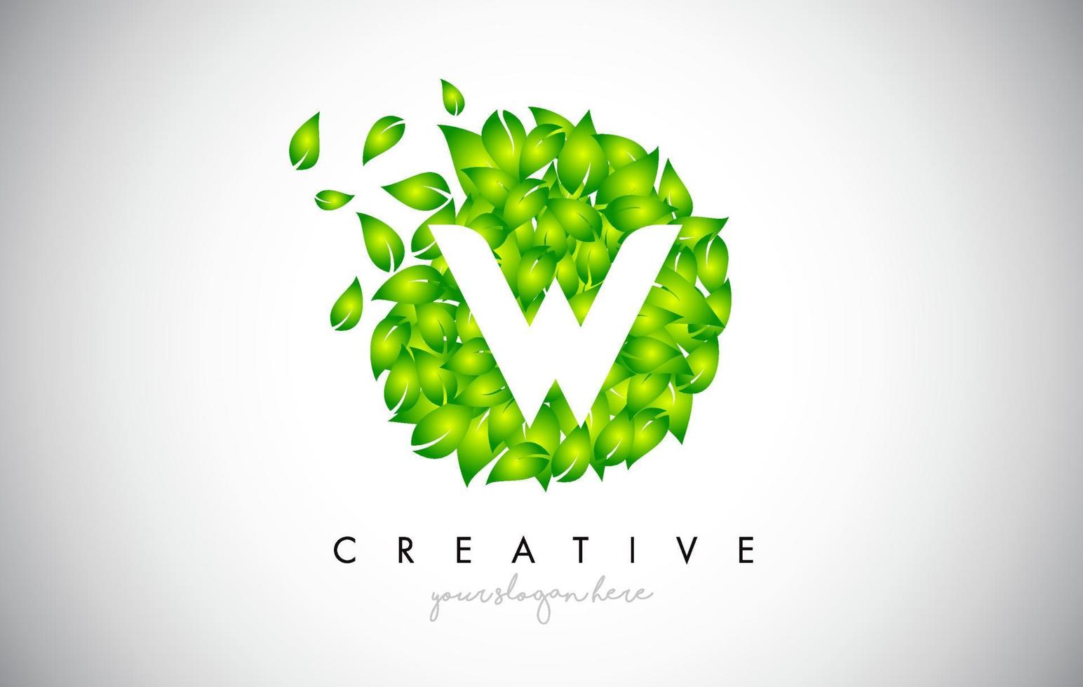 W Green Leaf Logo Design Eco Logo With Multiple Leafs Blowing in the Wind Icon Vector. vector