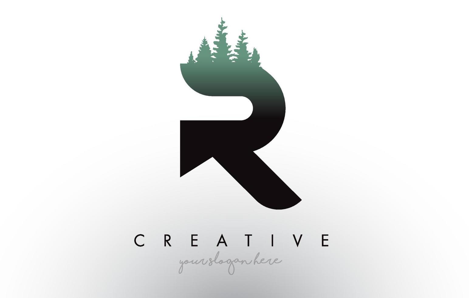 Creative R Letter Logo Idea With Pine Forest Trees. Letter R Design With Pine Tree on Top vector