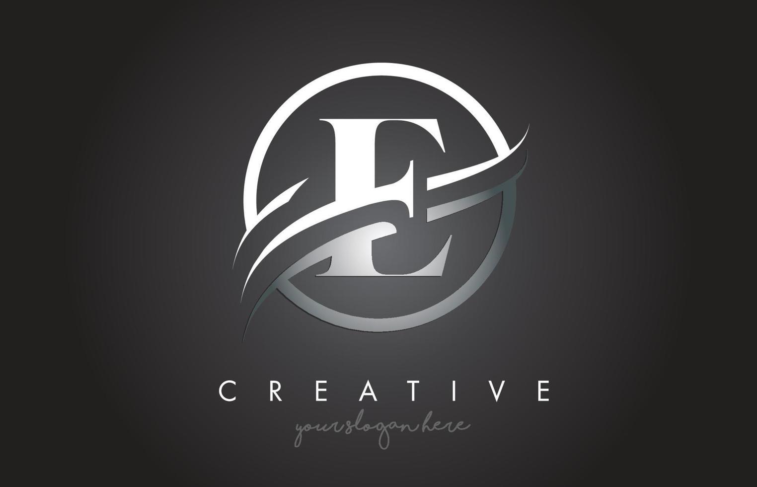 Diseño de logotipo de letra e con borde de swoosh de acero circular y diseño de icono creativo. vector