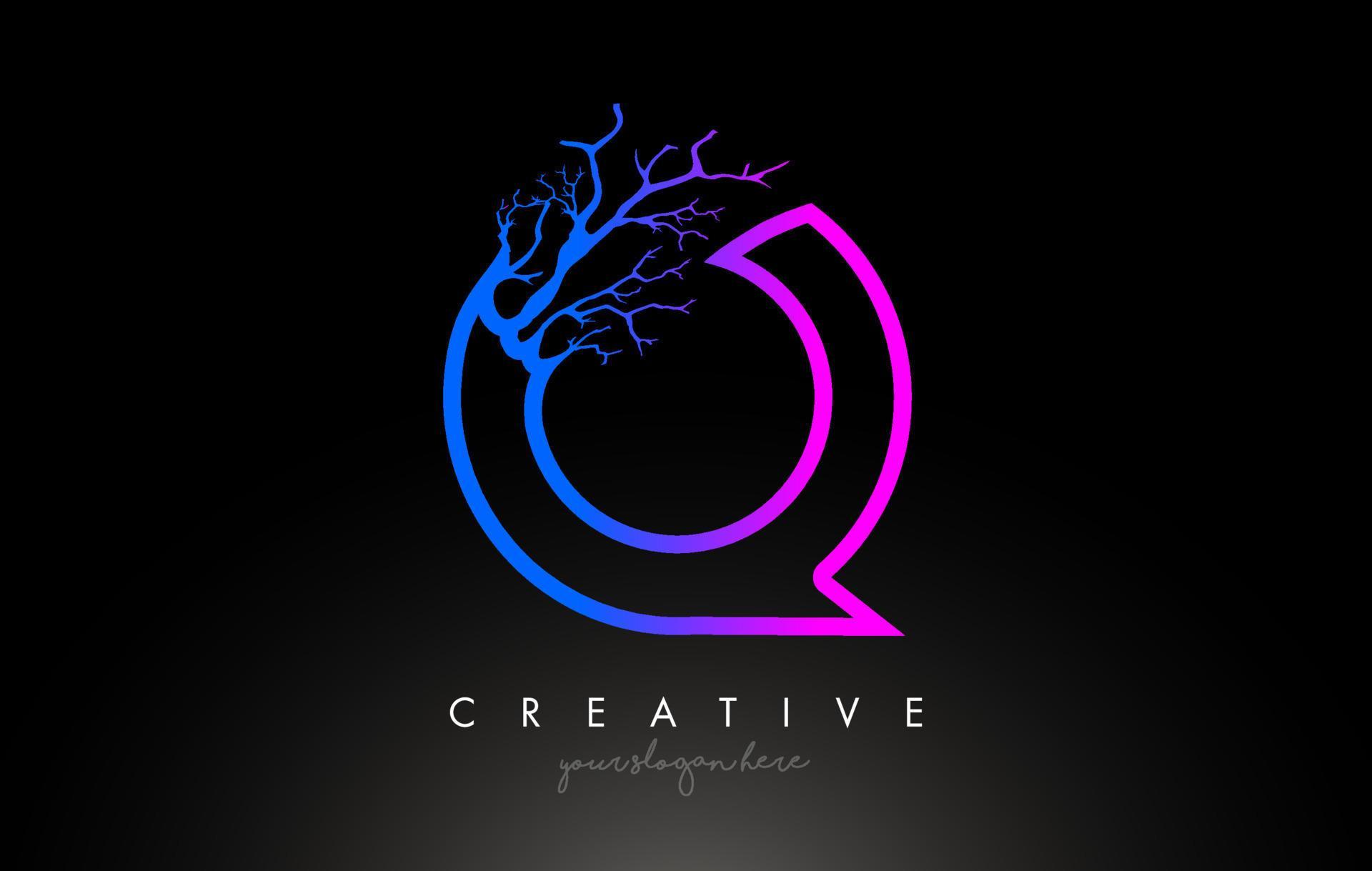 Tree Letter Q Design Logo with Purple Blue Tree Branch. Q Letter Tree