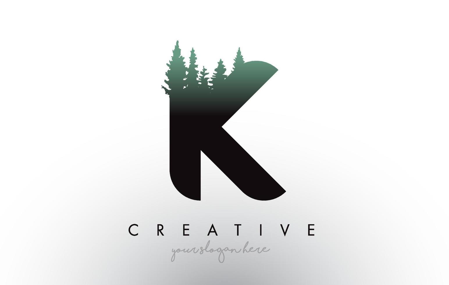 Creative K Letter Logo Idea With Pine Forest Trees. Letter K Design With Pine Tree on Top vector