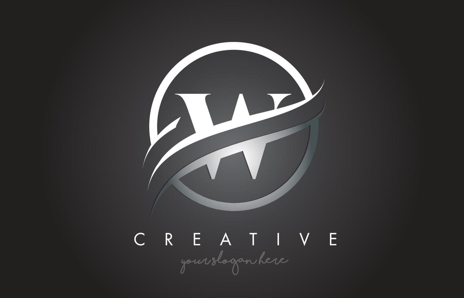 W Letter Logo Design with Circle Steel Swoosh Border and Creative Icon Design. vector