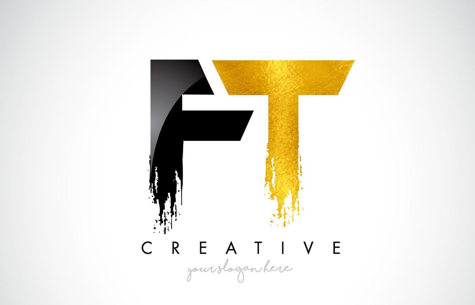 FT Letter Design with Black Golden Brush Stroke and Modern Look. vector