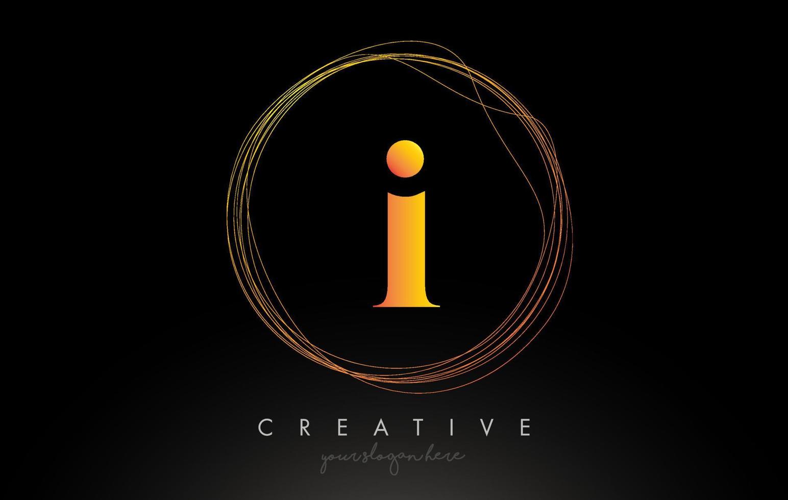 Diseño de logotipo de letra i artística dorada con marco de alambre circular creativo a su alrededor vector