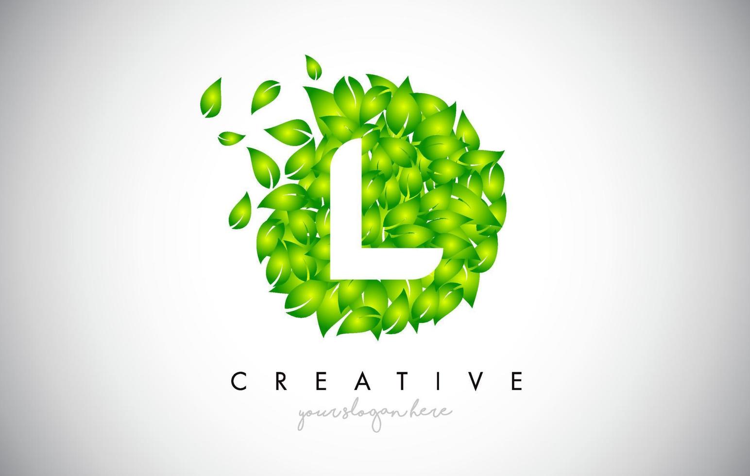 L Green Leaf Logo Design Eco Logo With Multiple Leafs Blowing in the Wind Icon Vector. vector