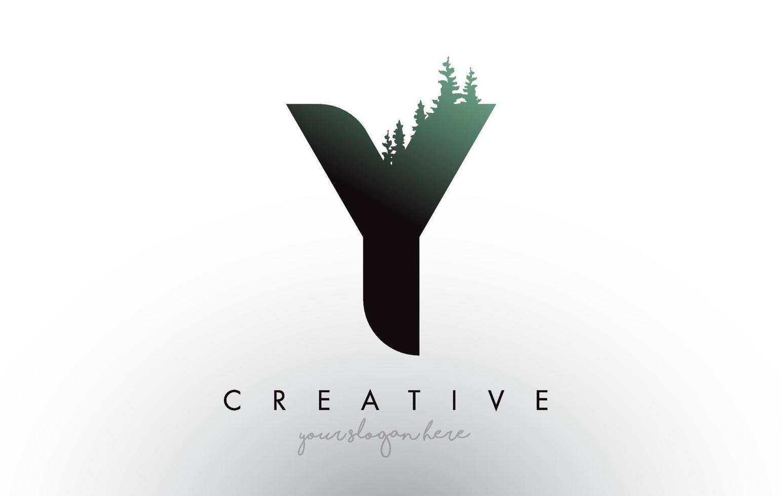 idea creativa del logotipo de la letra y con pinos. Diseño de letra y con pino en la parte superior. vector