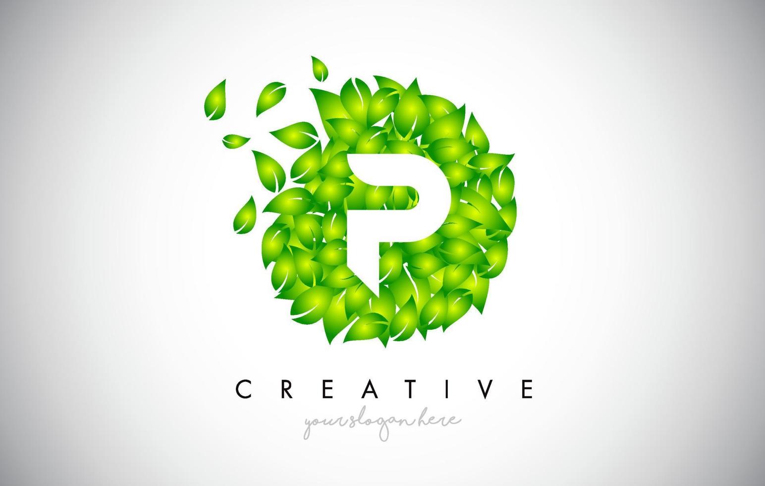 P Green Leaf Logo Design Eco Logo With Multiple Leafs Blowing in the Wind Icon Vector. vector