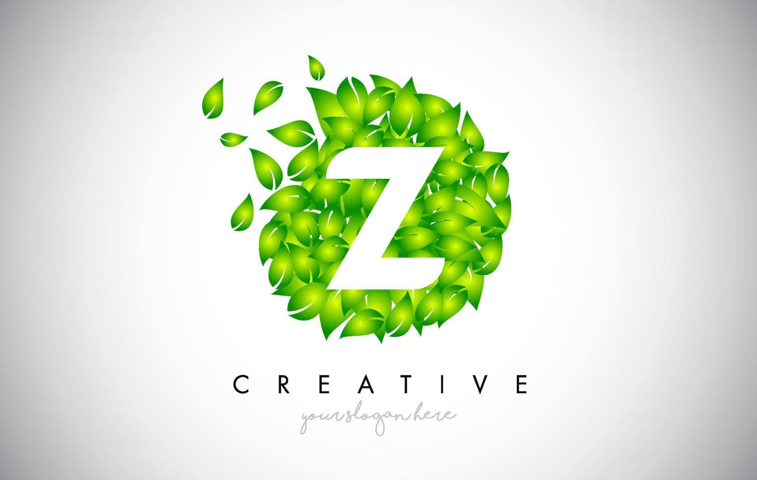 Z Green Leaf Logo Design Eco Logo With Multiple Leafs Blowing in the Wind Icon Vector. vector