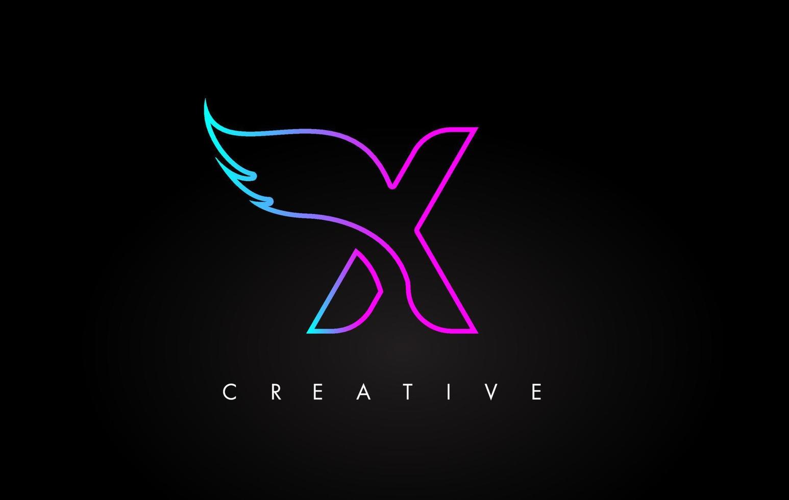 Neon X Letter Logo Icon Design with Creative Wing in Blue Purple Magenta Colors vector