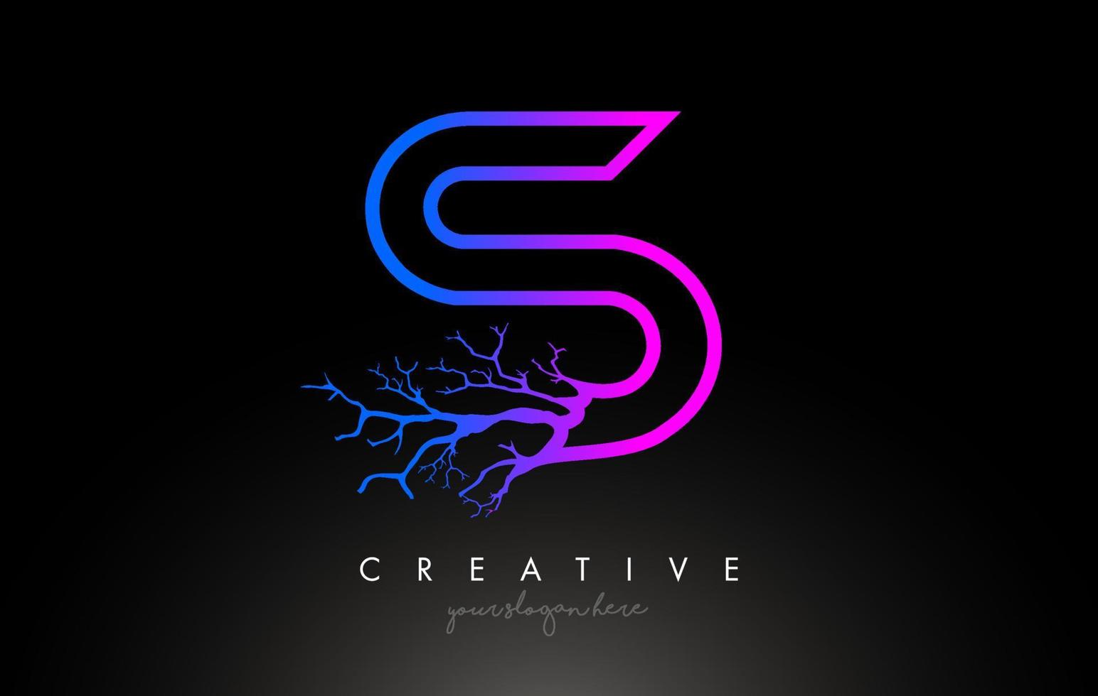 Logotipo de diseño de letra s de árbol con rama de árbol azul púrpura. logo de icono de árbol de letra s vector