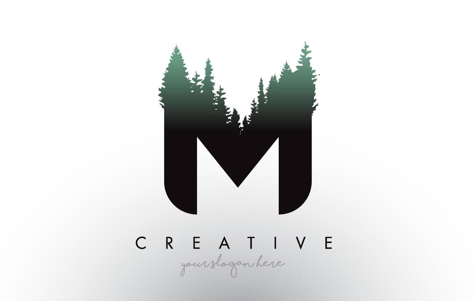 Creative M Letter Logo Idea With Pine Forest Trees. Letter M Design With Pine Tree on Top vector