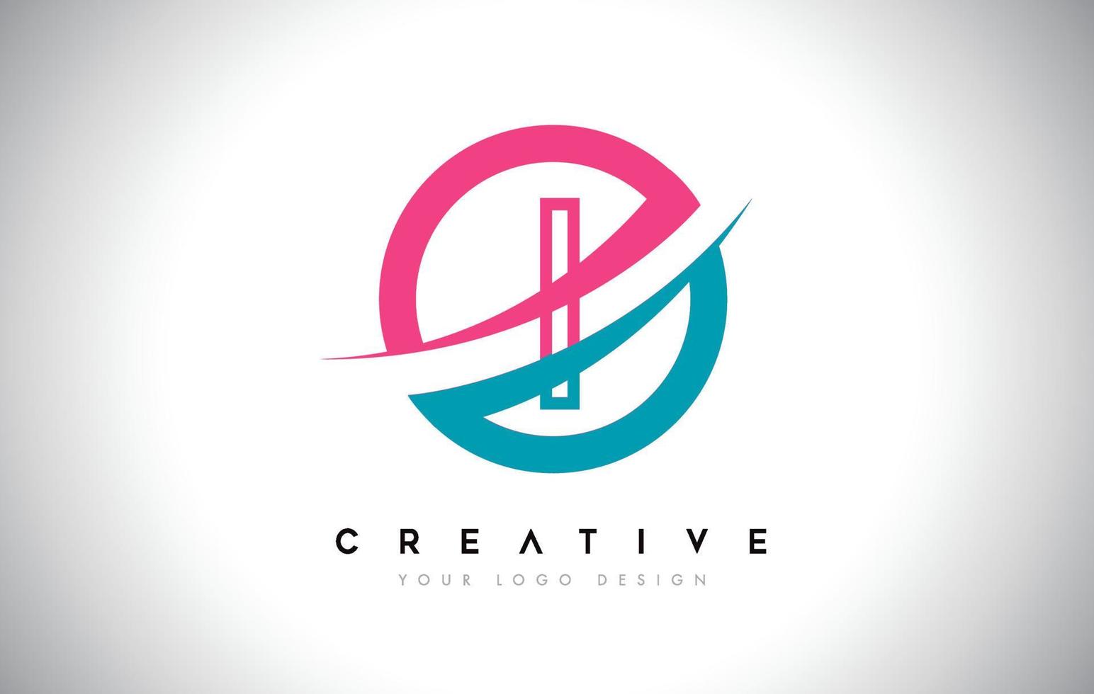 I icono de logotipo de diseño de letra con círculo y vector de diseño swoosh y color rosa azul.