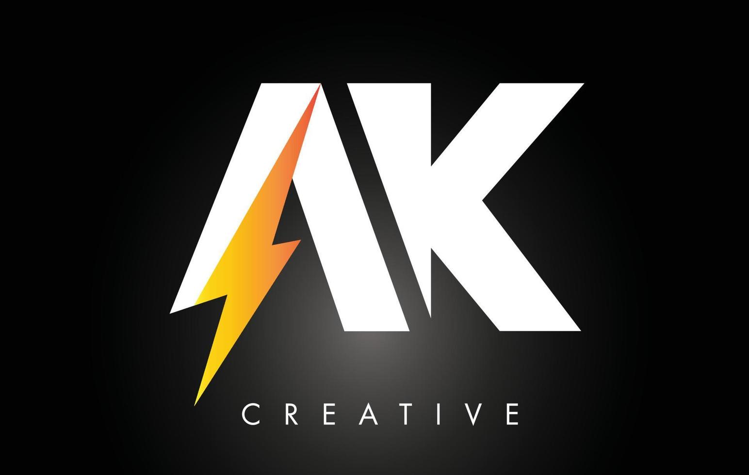 Diseño de logotipo de letra ak con iluminación thunder bolt. logotipo de letra de perno eléctrico vector