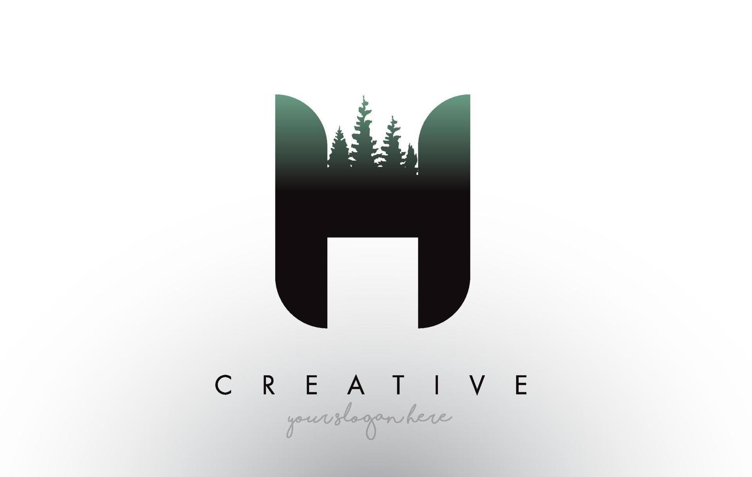 idea creativa del logotipo de la letra h con pinos. Diseño de letra h con pino en la parte superior. vector