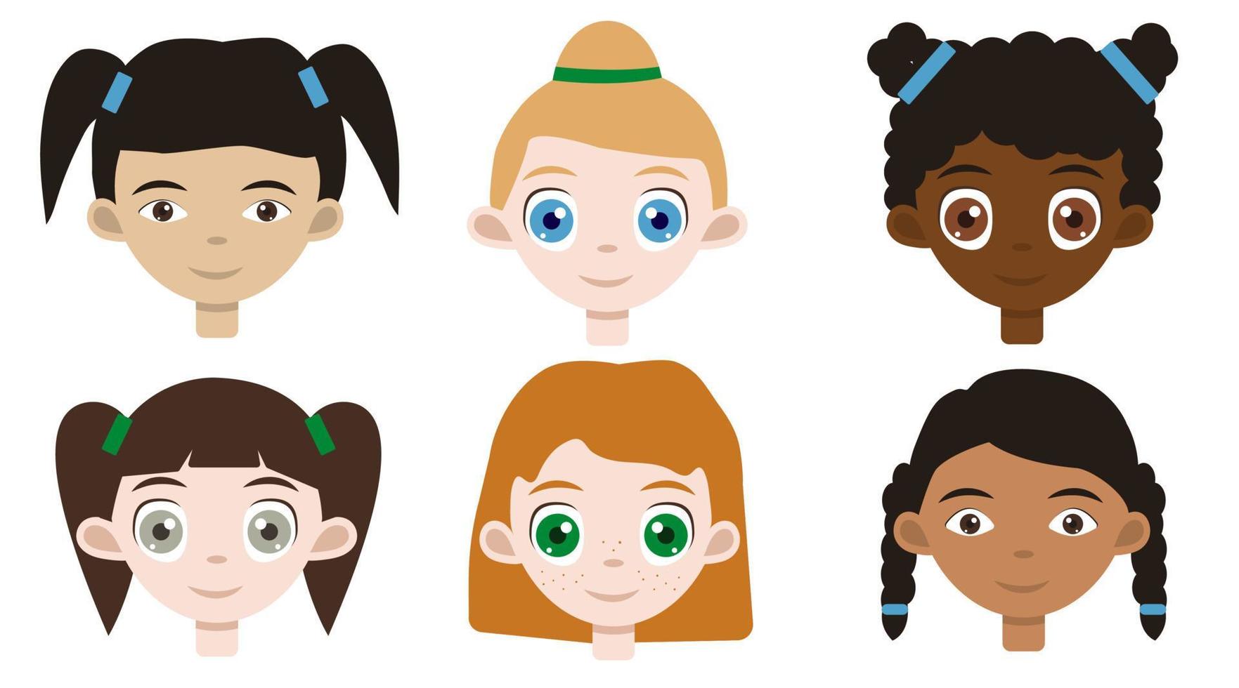 conjunto de retratos de niños nacionales con caras sonrientes. linda chica asiática, bonito cabello rojo irlandés, adorable niño africano, hija americana de primer plano, pequeña mujer rubia escandinava y bebé pequeño indio. vector