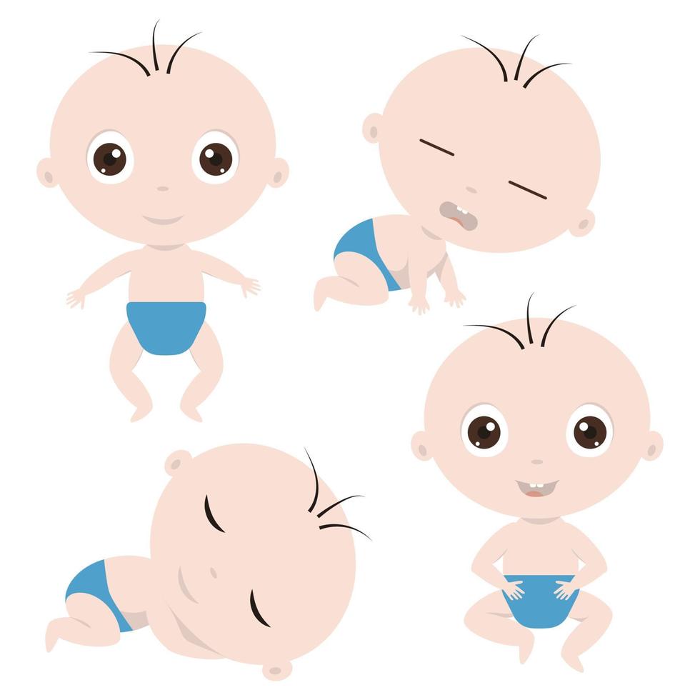 Happy, sleepy, angry and joyful baby boy in diaper. Set of 4 newborn poses vector