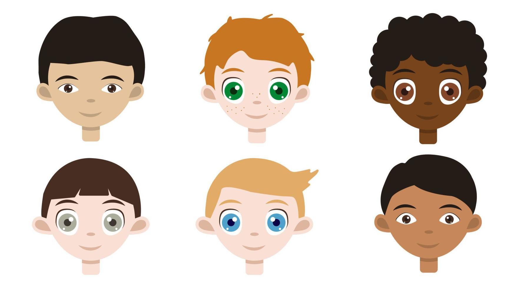 Cute asian boy, nice irish red hair, adorable african toddler, closeup american son, blond scandinavian little man and indian baby. Set of national kids portraits with smiling faces. vector