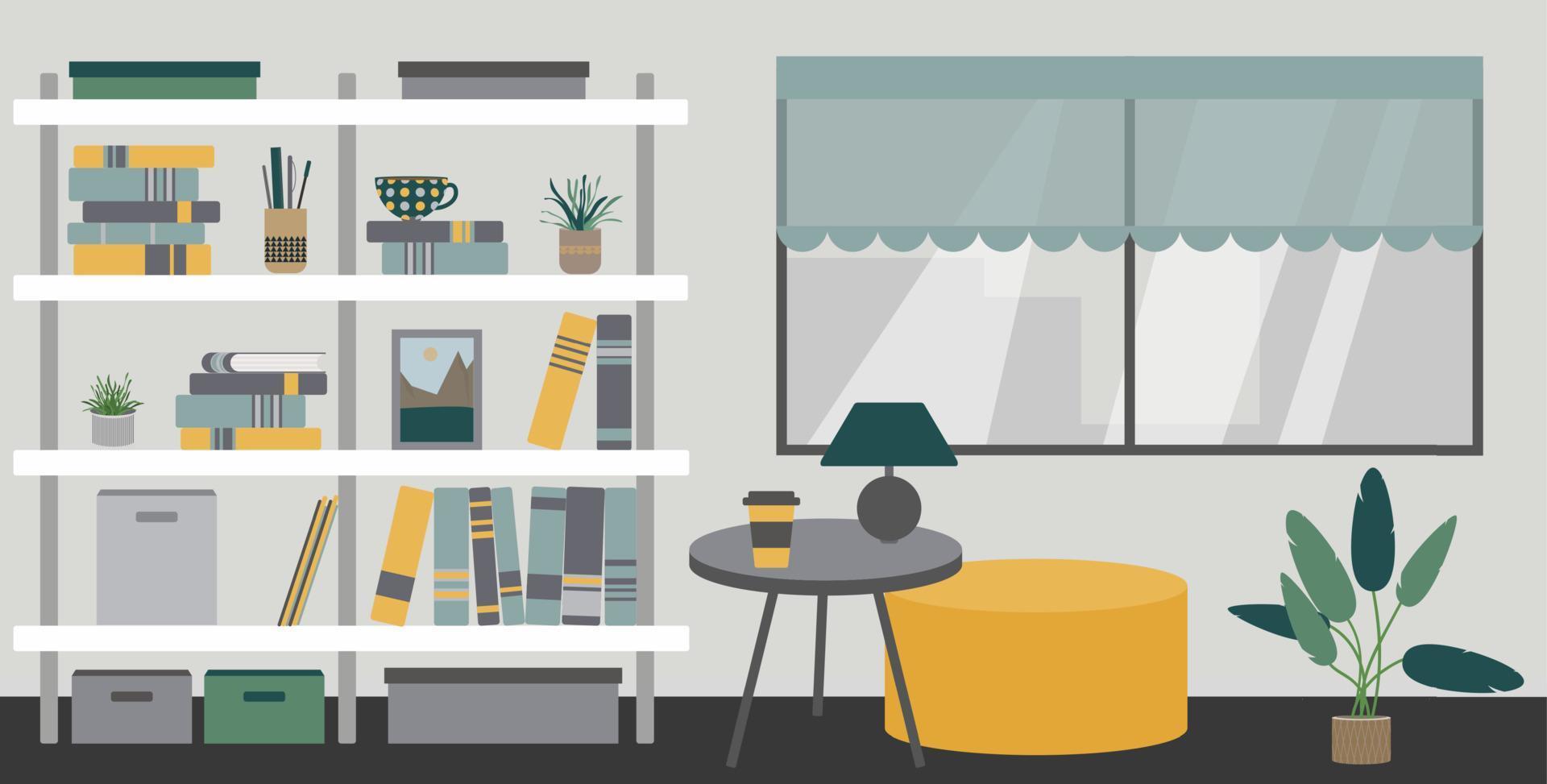 Interior minimalista escandinavo amarillo gris con estanterías, mesa y puf brillante. lugar para leer o estudiar en librería cerca de diccionario y literatura universitaria. vector