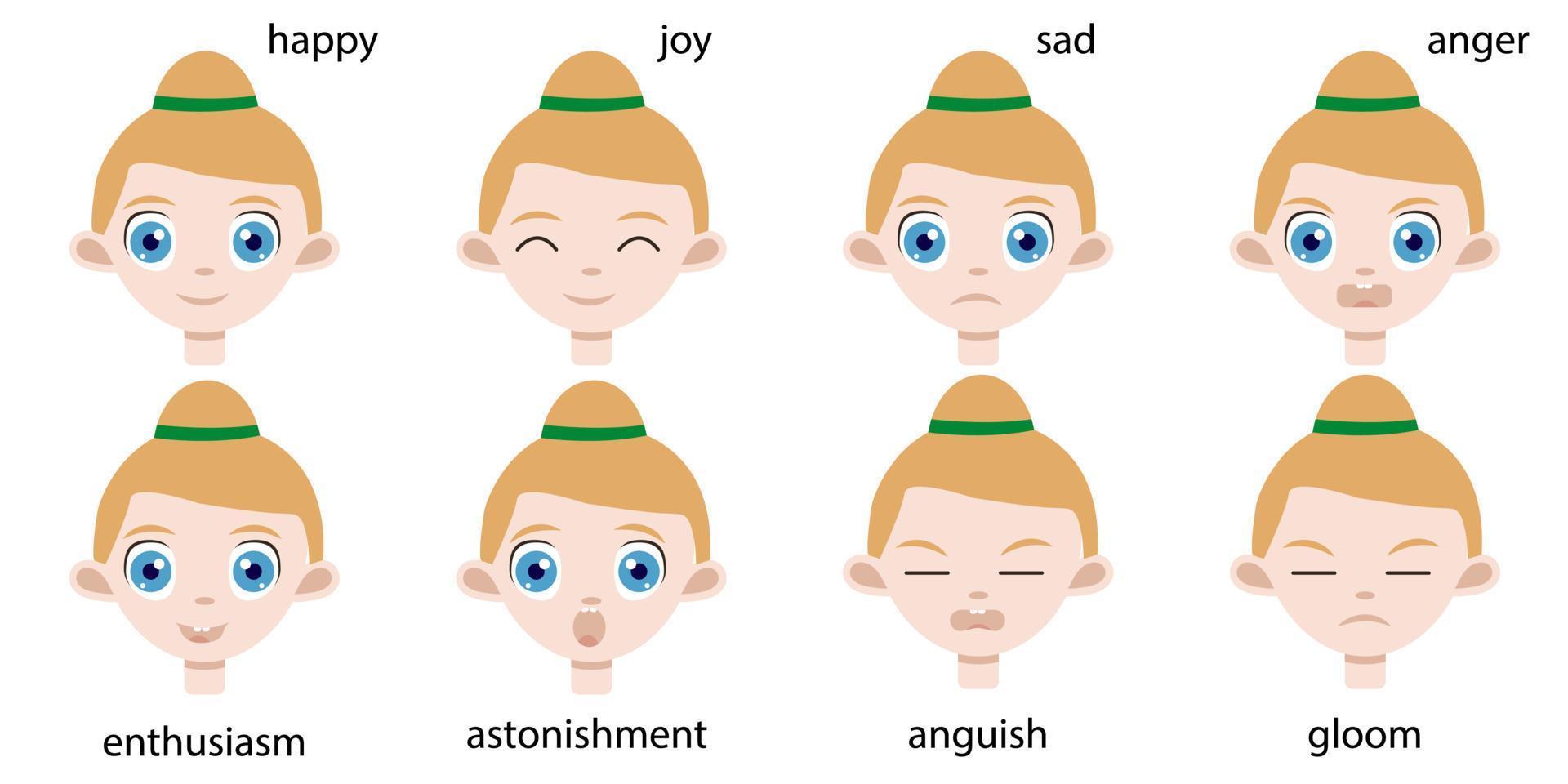 White blond baby girl portraits collection of different happy and sad emotions on a toddler face for avatar. Cute little woman set with brown eyes. vector